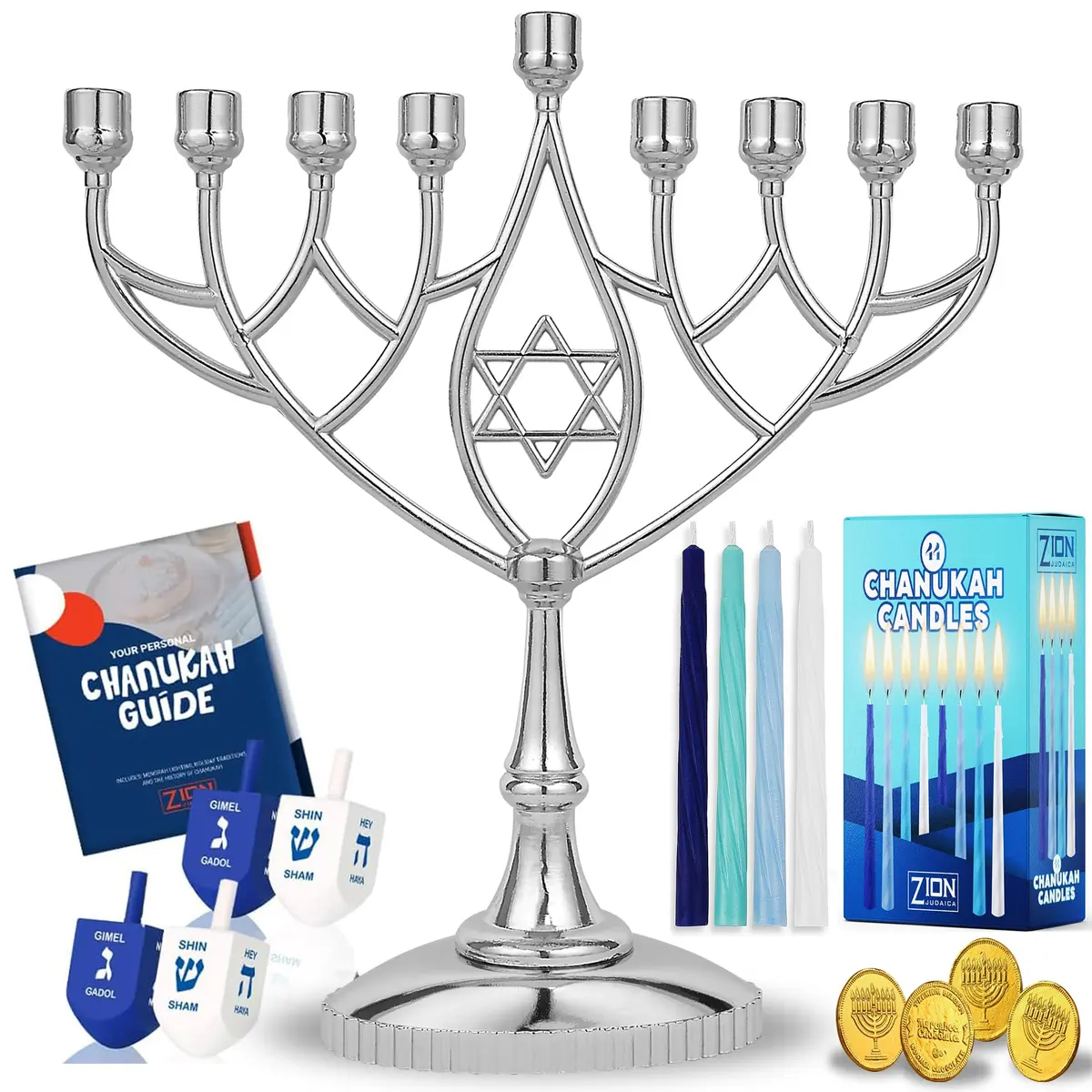 Zion Judaica Ltd Last Minute Complete Hanukkah Menorah Kit - 9" Menorah, 44 Candles, Dreidels, Gelt, Guide | Judaica Gift - main product image