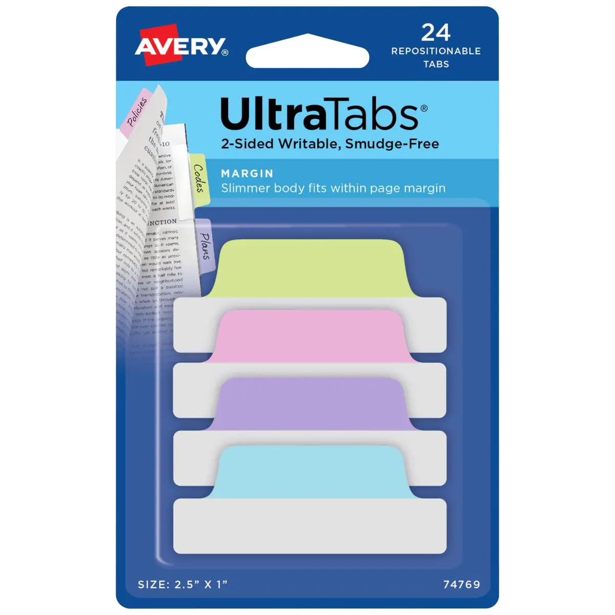Avery Margin Ultra Tabs® 2.5" x 1" Repositionable Pastel 24 Tabs | Clear Adhesive for Book & Document Marking - main product image