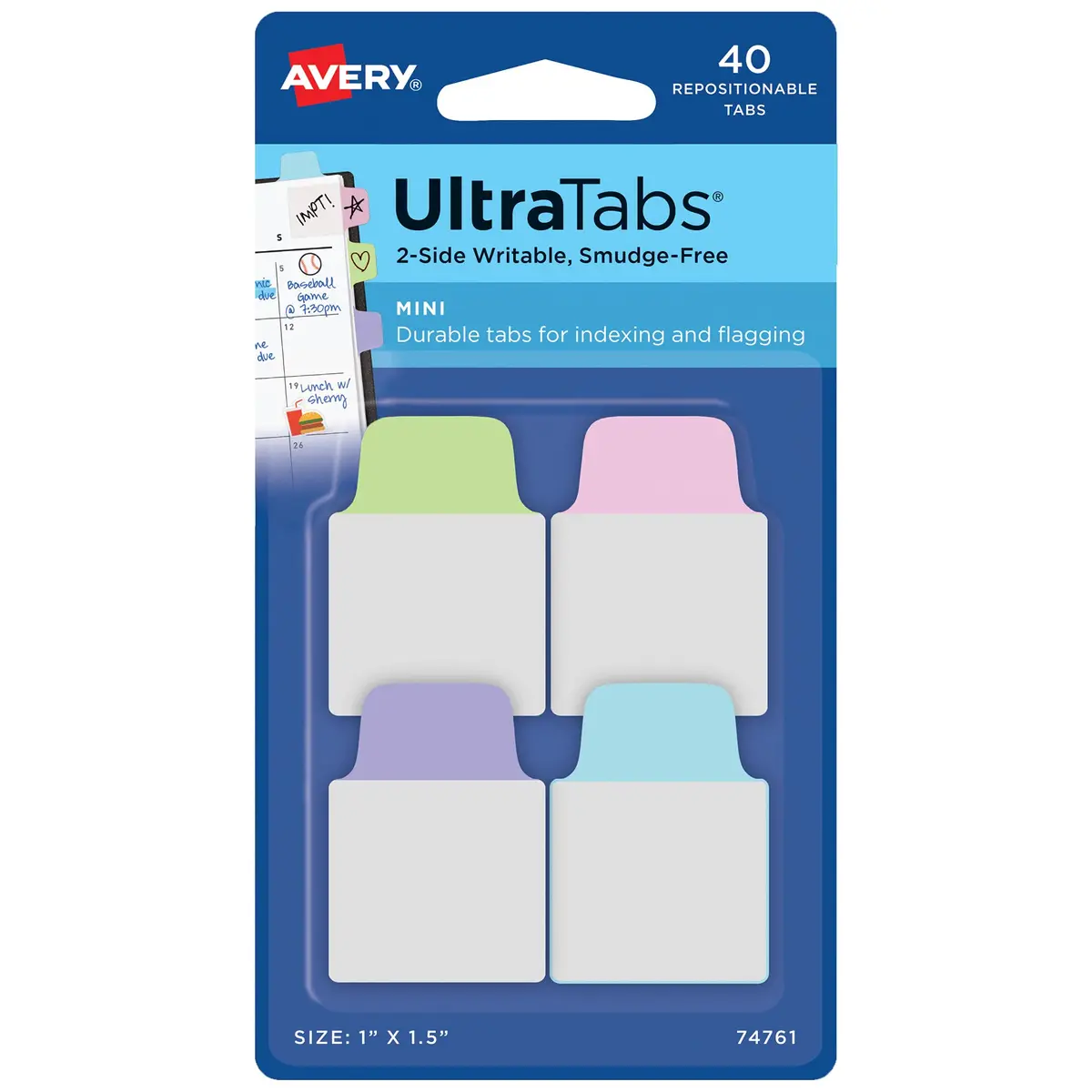 Avery Mini Ultra Tabs, 1" x 1.5" Repositionable, 40 Pastel Tabs | Durable, Repositionable Office & School Labels - main product image