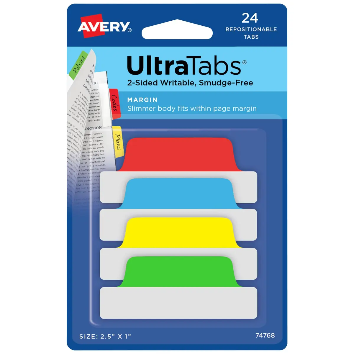Avery Margin Ultra Tabs, 2.5" x 1" | Repositionable, 24 Tabs, Assorted Colors, Paper & Plastic - main product image