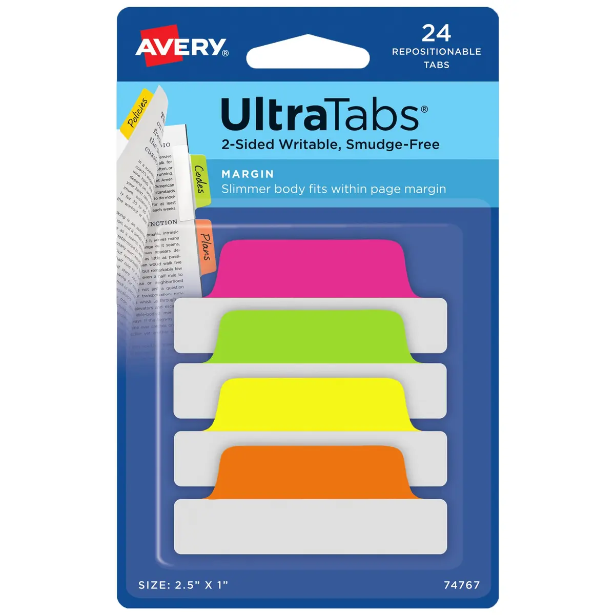 Avery Margin Ultra Tabs, 2.5" x 1", 24 Neon Repositionable Tabs | Fits Margins, Repositionable, Neon Colors - main product image
