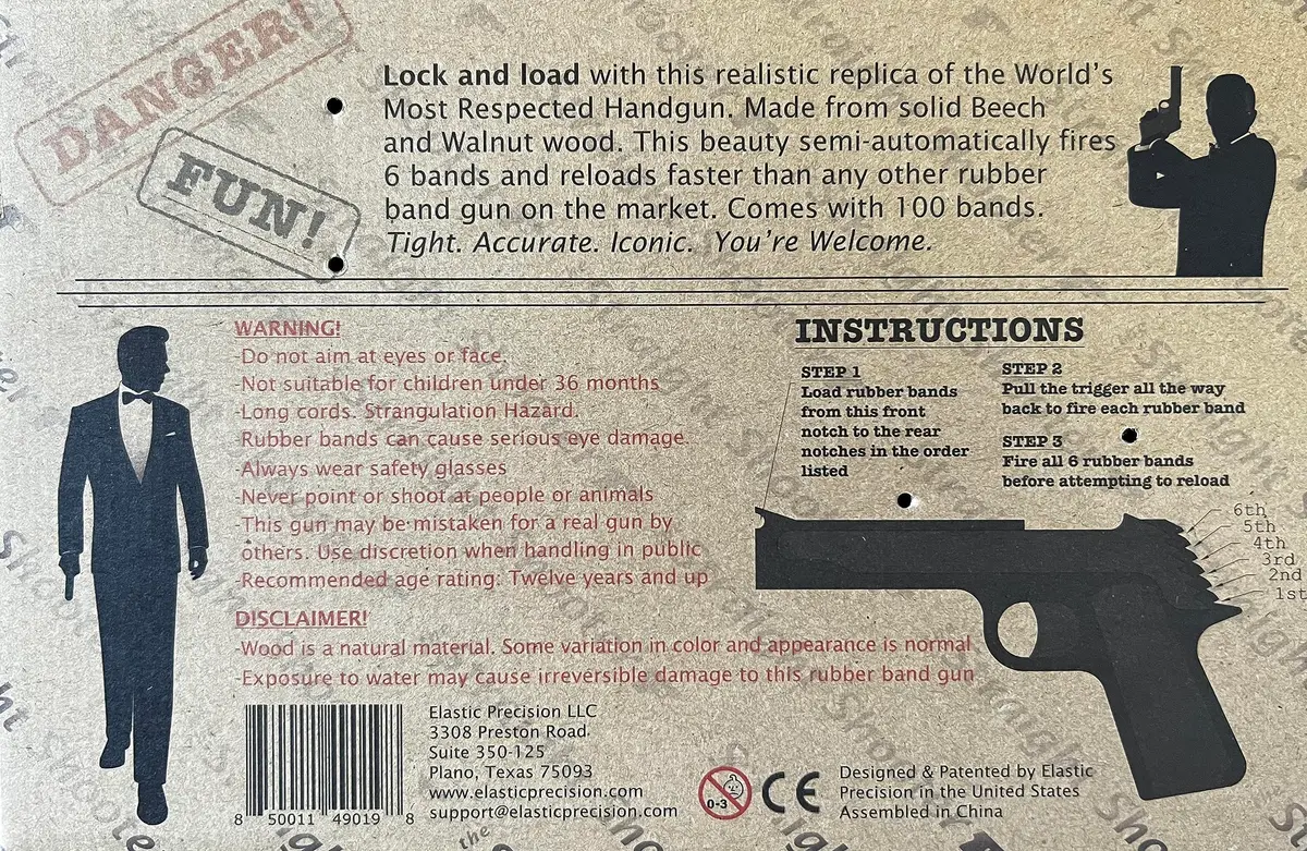 Elastic Precision Model 1911 Rubber Band Gun - Hardwood, Semi-Automatic Action, Walnut Grips (8.75" L x 5.25" H x 1.25" W) - view 4