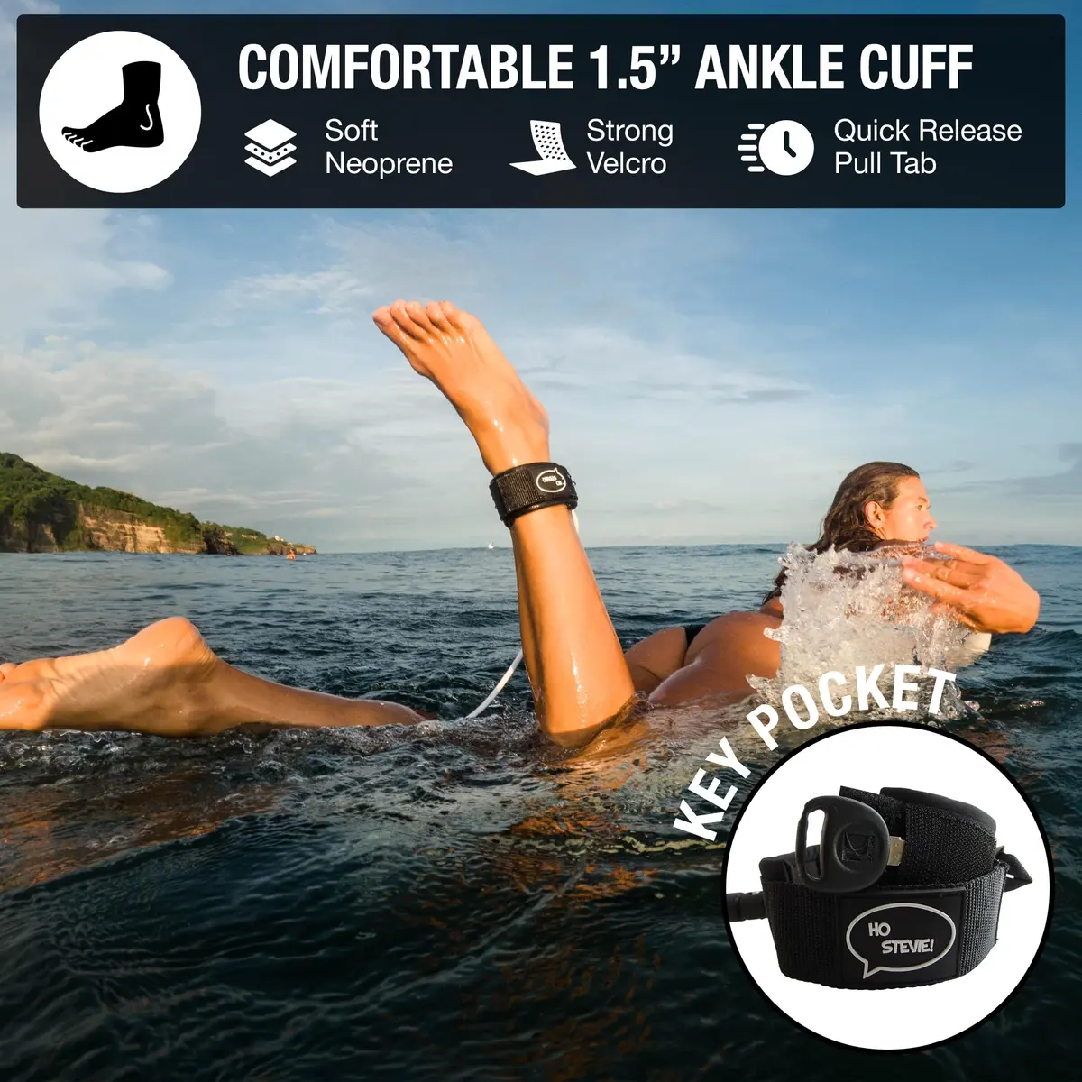 Ho Stevie! Premium Surf Leash - No Tangles, No Lost Surfboard - Hi-Strength Lightweight 1/4" Cord - Feels Like Surfing Leashless - 6/7/8/9 Feet | Ultimate Strength & Comfort - view 4