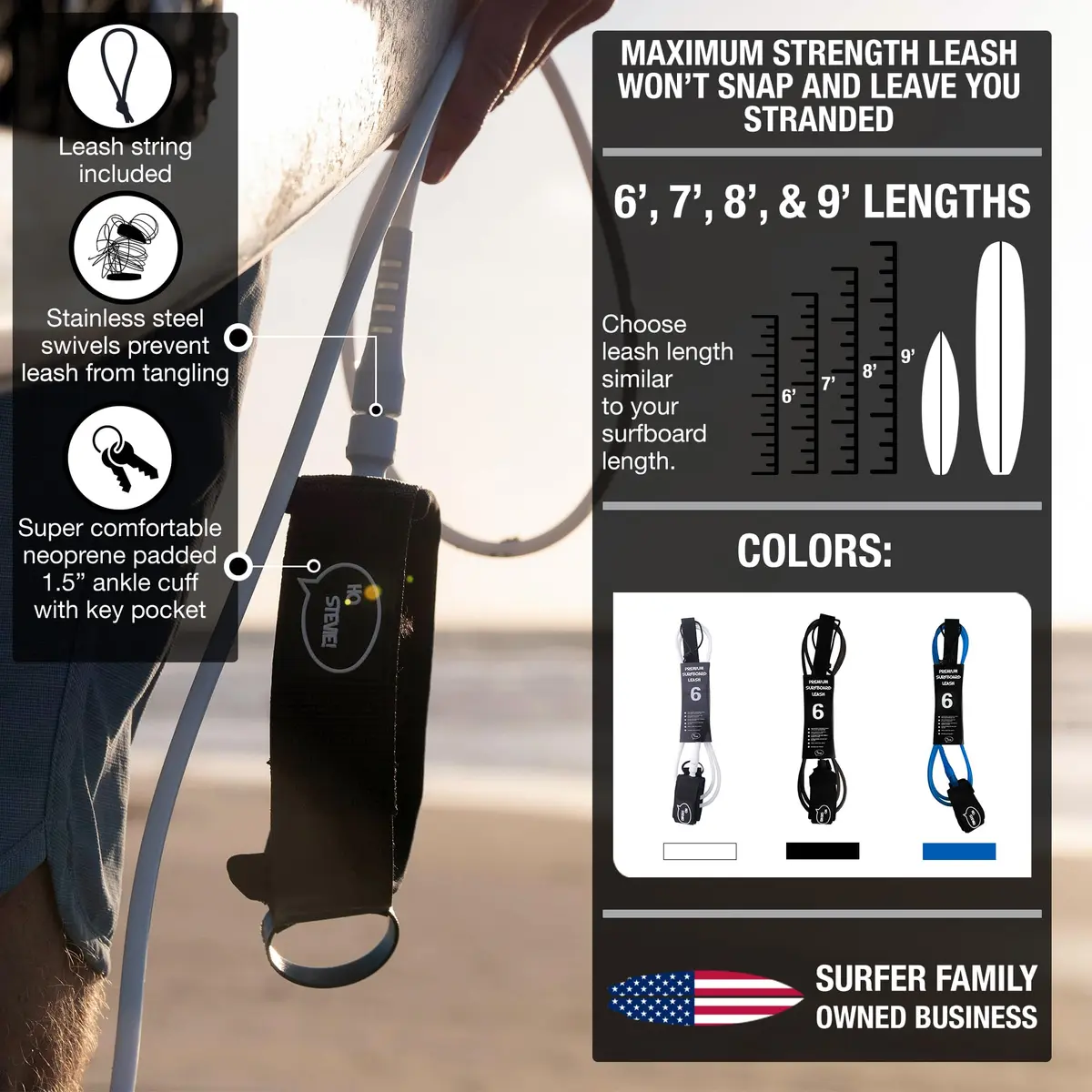 Ho Stevie! Premium Surf Leash - No Tangles, No Lost Surfboard - Hi-Strength Lightweight 1/4" Cord - Feels Like Surfing Leashless - 8 Feet - view 2