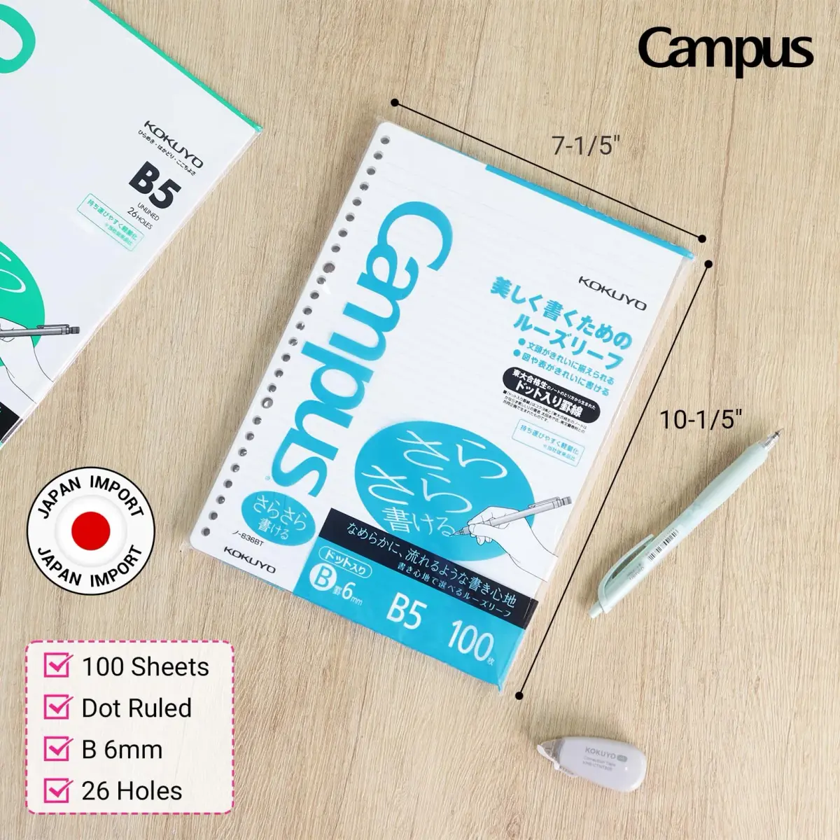 KOKUYO Campus Loose Leaf Paper B5 6mm Dotted Ruled 300 Sheets (Pack of 3) | Smooth Writing, pH Neutral, Bleed Resistant - view 2