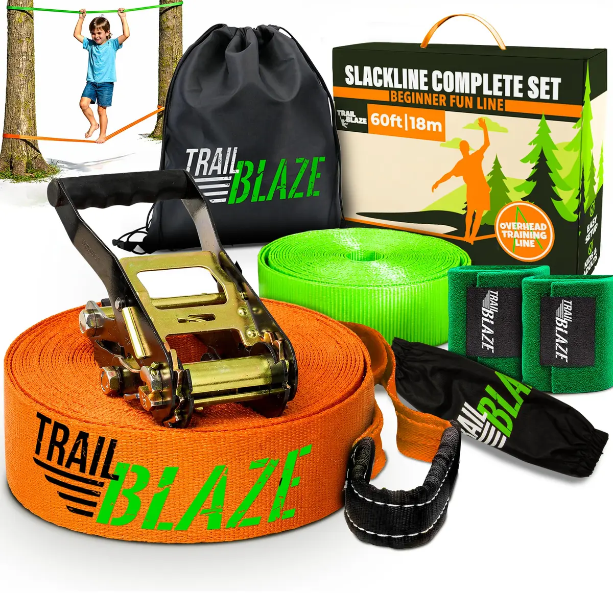 Trailblaze Complete Slackline Kit - 60ft Backyard Rope for Kids & Adults | Easy Setup, 11,000 lb Webbing, 5 Yr Warranty - main product image