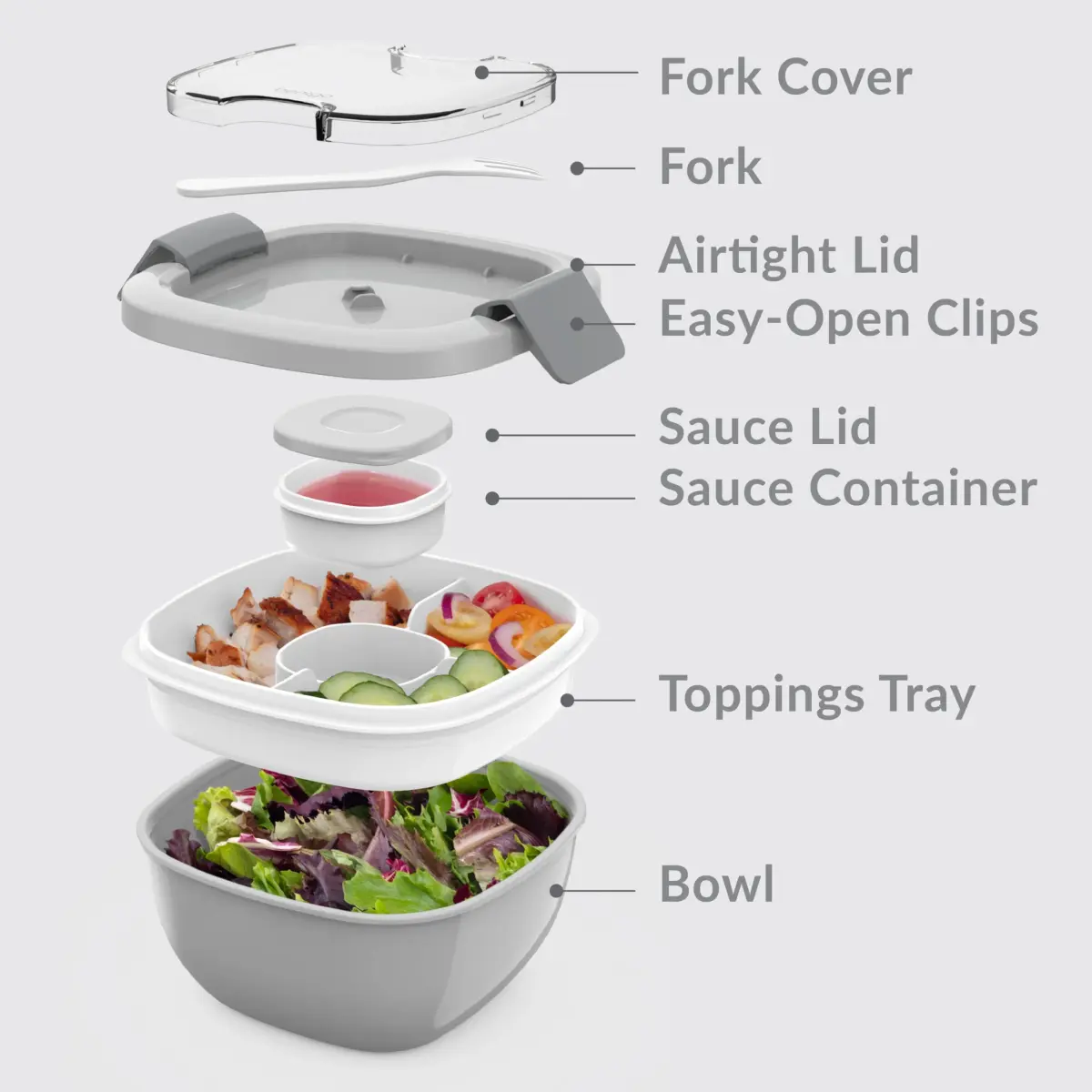 Bentgo Gray 54 oz Salad Container with 4-Compartment Tray | Leak-Proof Dressing Container & Reusable Fork - view 6