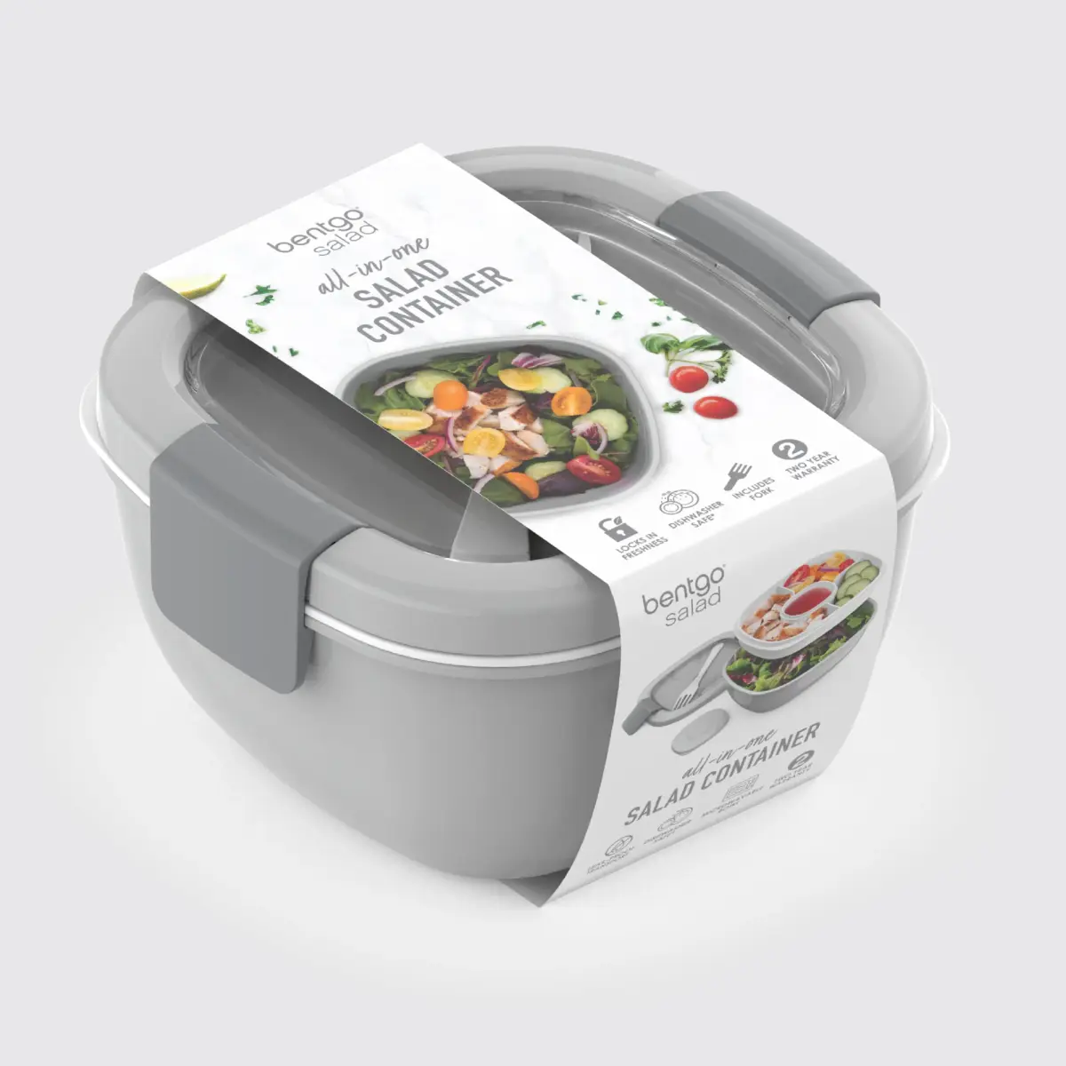 Bentgo Gray 54 oz Salad Container with 4-Compartment Tray | Leak-Proof Dressing Container & Reusable Fork - view 8