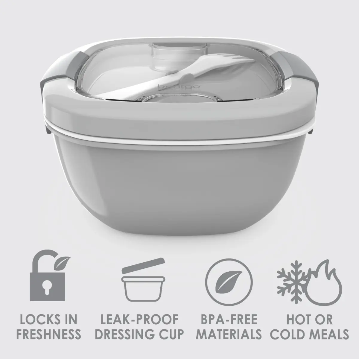 Bentgo Gray 54 oz Salad Container with 4-Compartment Tray | Leak-Proof Dressing Container & Reusable Fork - view 3