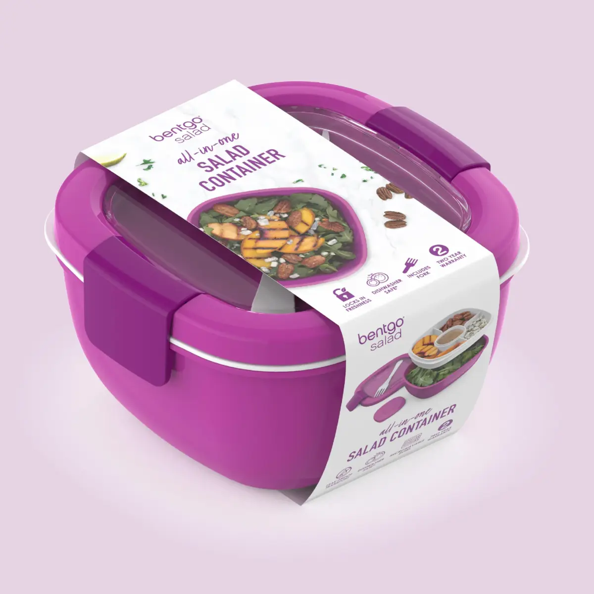 Bentgo Salad Container Purple 1.59 L (54 oz) | Leak-Proof Meal Prep Lunch Box with Toppings Tray & Fork - view 8
