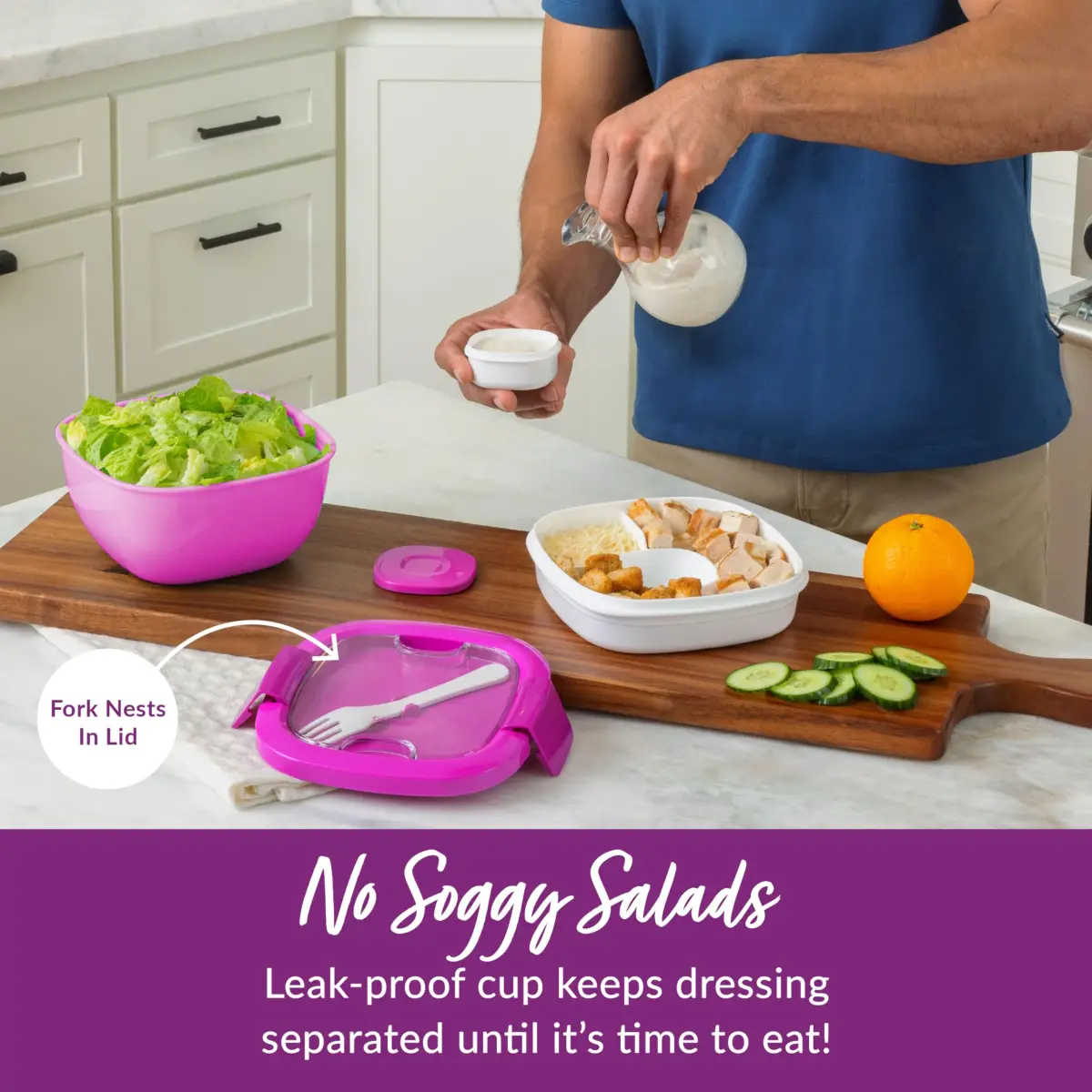 Bentgo Salad Container Purple 1.59 L (54 oz) | Leak-Proof Meal Prep Lunch Box with Toppings Tray & Fork - view 4