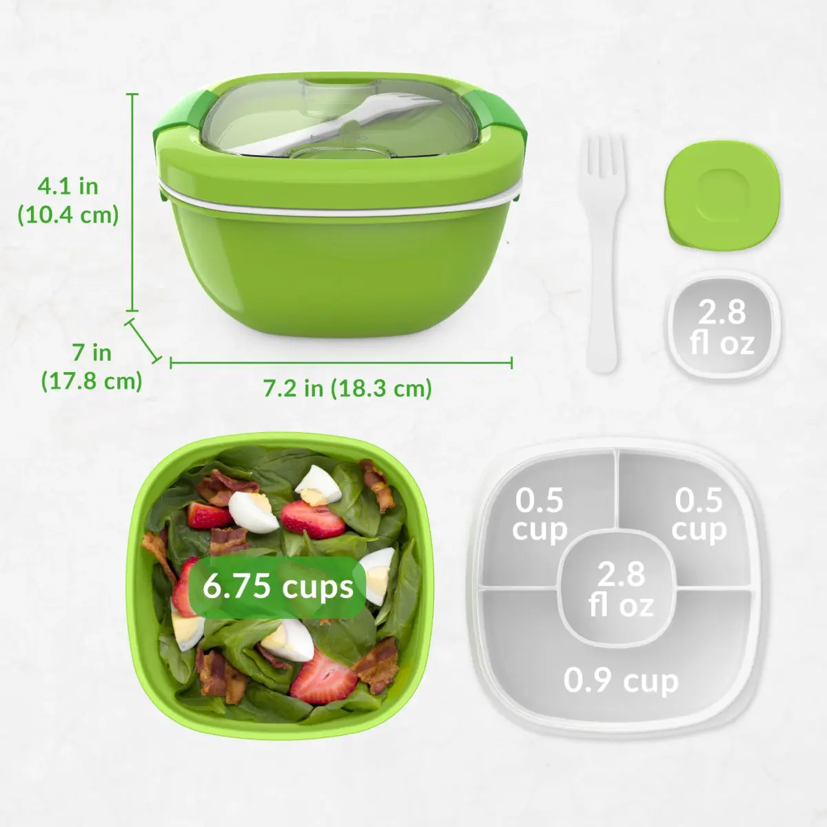 Bentgo Salad Container Green 54 oz | Leak-Proof Meal Prep Lunch Box with 4-Compartment Tray & Fork - view 7