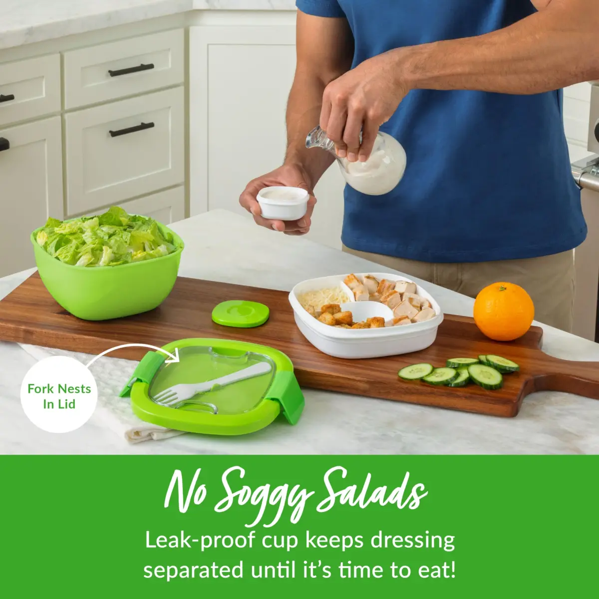 Bentgo Salad Container Green 54 oz | Leak-Proof Meal Prep Lunch Box with 4-Compartment Tray & Fork - view 4