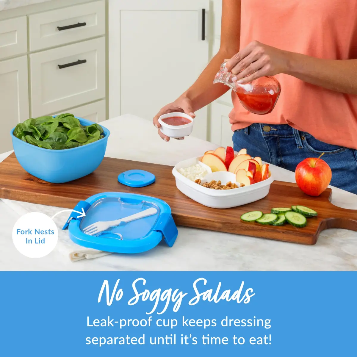 Bentgo Salad Container Blue 1.6L (54 oz) | Leak-Proof Lunch Bowl with 4-Compartment Toppings Tray & Fork - view 4