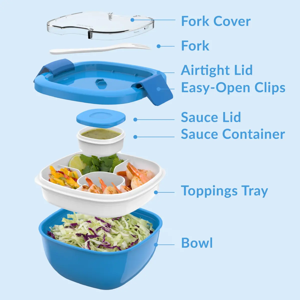 Bentgo Salad Container Blue 1.6L (54 oz) | Leak-Proof Lunch Bowl with 4-Compartment Toppings Tray & Fork - view 6