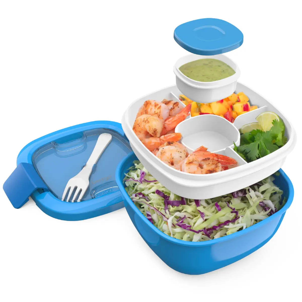 Bentgo Salad Container Blue 1.6L (54 oz) | Leak-Proof Lunch Bowl with 4-Compartment Toppings Tray & Fork - main product image