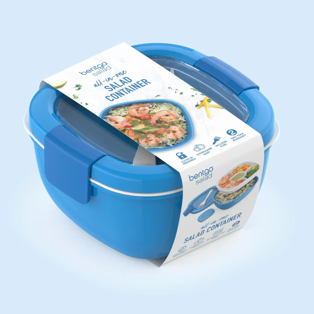 Bentgo Salad Container Blue 1.6L (54 oz) | Leak-Proof Lunch Bowl with 4-Compartment Toppings Tray & Fork - view 8