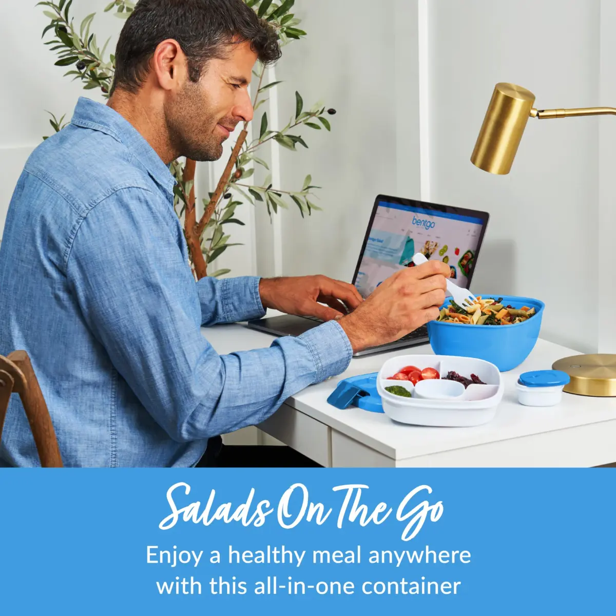 Bentgo Salad Container Blue 1.6L (54 oz) | Leak-Proof Lunch Bowl with 4-Compartment Toppings Tray & Fork - view 2