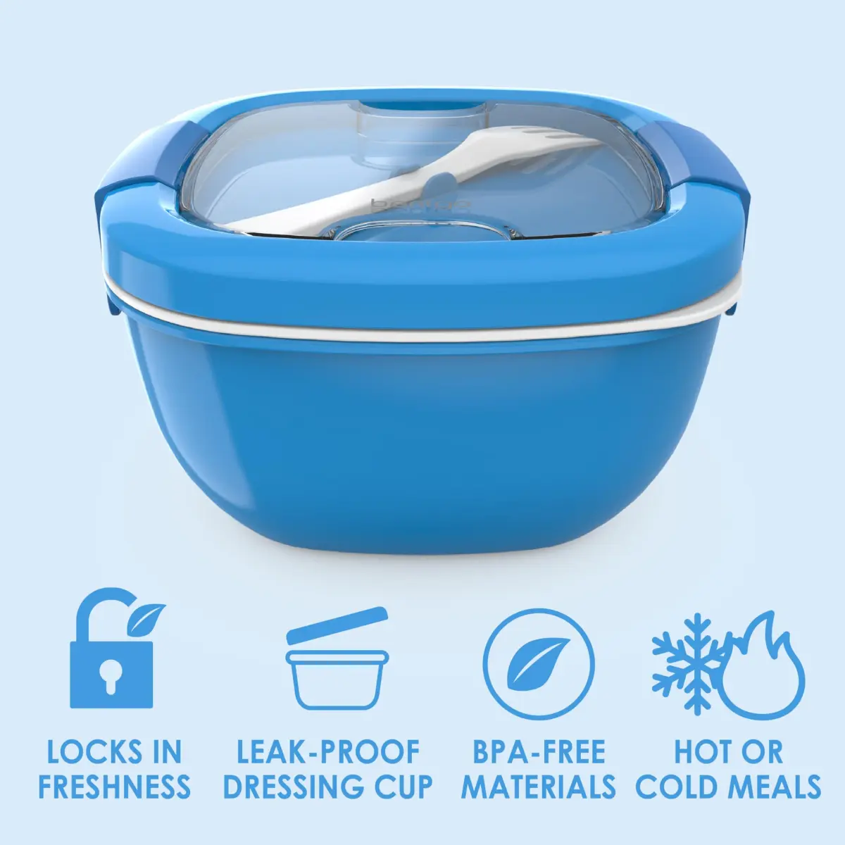 Bentgo Salad Container Blue 1.6L (54 oz) | Leak-Proof Lunch Bowl with 4-Compartment Toppings Tray & Fork - view 3