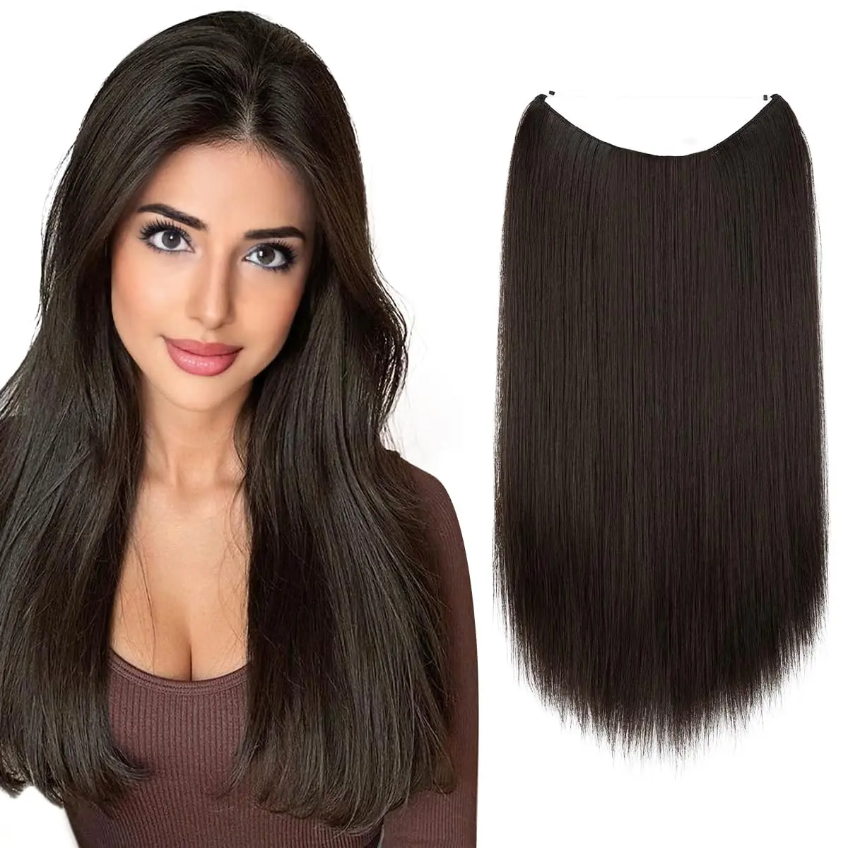 SARLA Invisible Wire Hair Extensions Straight Long Synthetic Hairpieces 22 Inch Black Brown | Adjustable Transparent Headband for Women - main product image