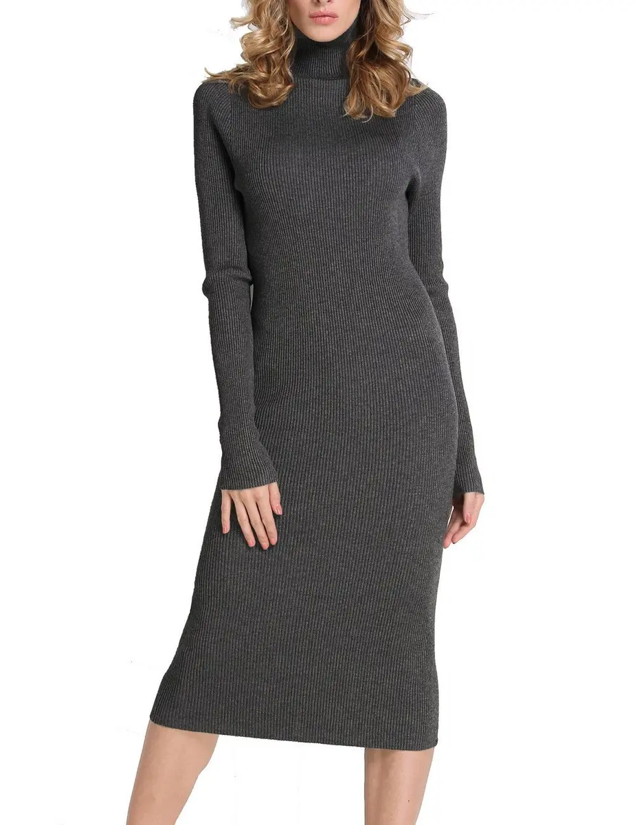 Rocorose Women's Turtleneck Ribbed Elbow Long Sleeve Knit Sweater Dress Dark Grey M | Classic Slim Fit, Warm & Stylish - main product image