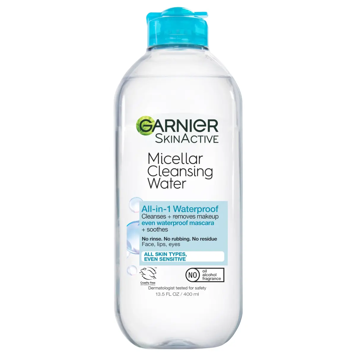 Garnier Micellar Cleansing Water for Waterproof Makeup, Hydrating Facial Cleanser & Makeup Remover 400mL (13.5 Fl Oz) | Gentle, Alcohol-Free, Vegan - main product image