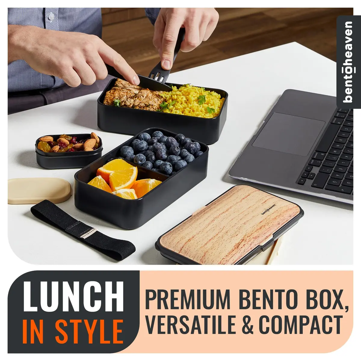 Bentoheaven Bento Box Adult, Stackable Lunch Box, 40 oz, Symph Onyx | Leakproof, Microwave & Dishwasher Safe - view 4