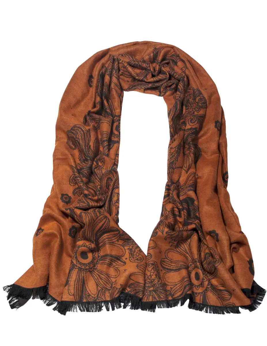 Dahlia Women's Rayon Scarf Shawl - Floral Orange Flowers - Brown | Soft, Warm & Silky - main product image