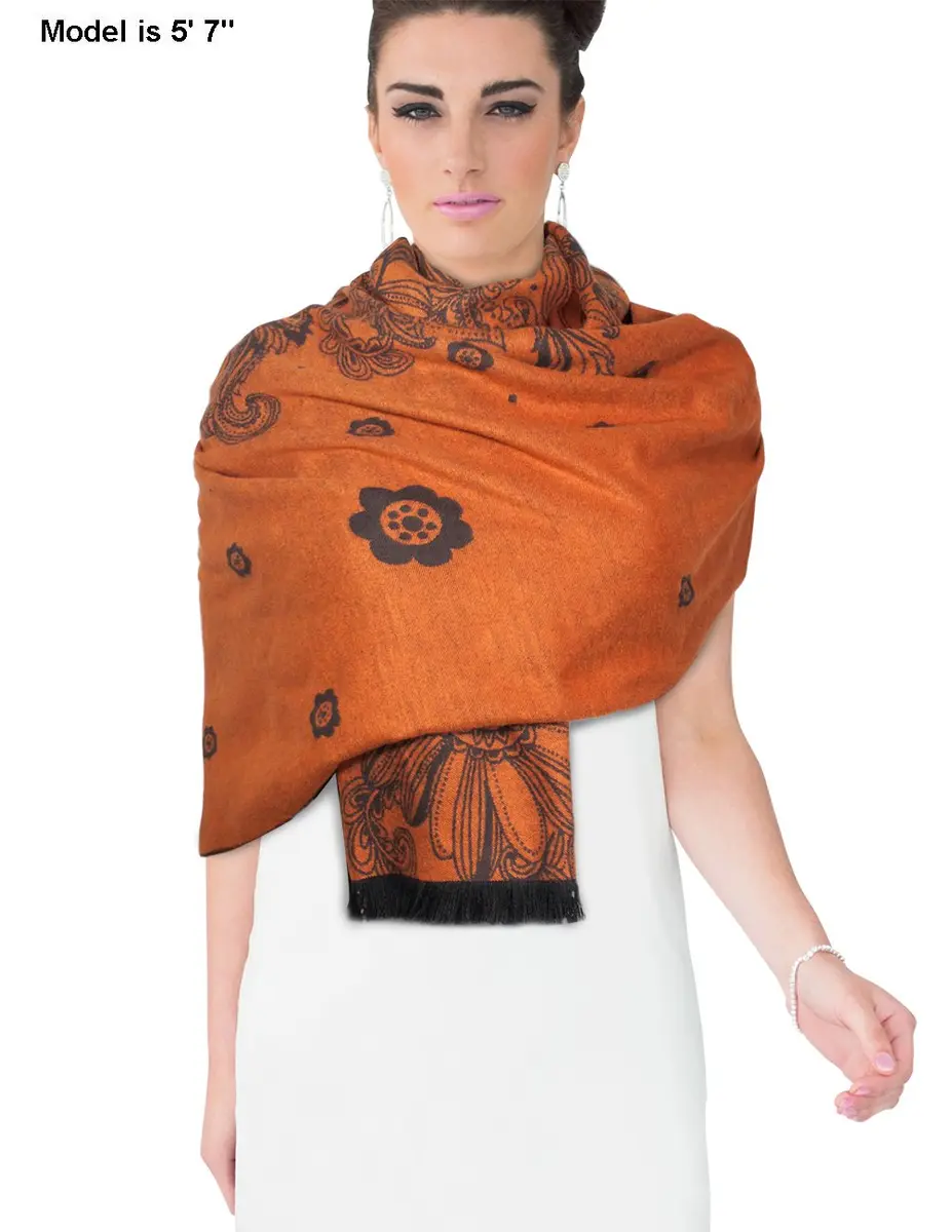 Dahlia Women's Rayon Scarf Shawl - Floral Orange Flowers - Brown | Soft, Warm & Silky - view 5