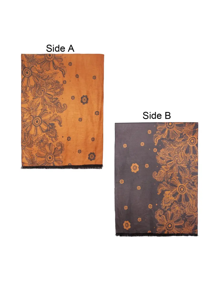 Dahlia Women's Rayon Scarf Shawl - Floral Orange Flowers - Brown | Soft, Warm & Silky - view 2