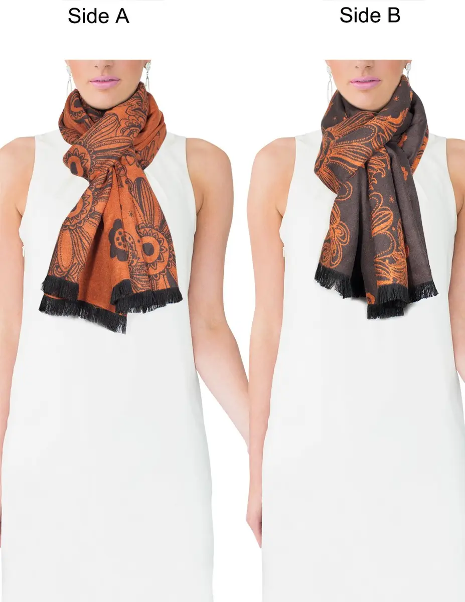 Dahlia Women's Rayon Scarf Shawl - Floral Orange Flowers - Brown | Soft, Warm & Silky - view 3
