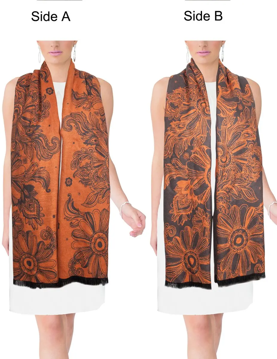 Dahlia Women's Rayon Scarf Shawl - Floral Orange Flowers - Brown | Soft, Warm & Silky - view 4