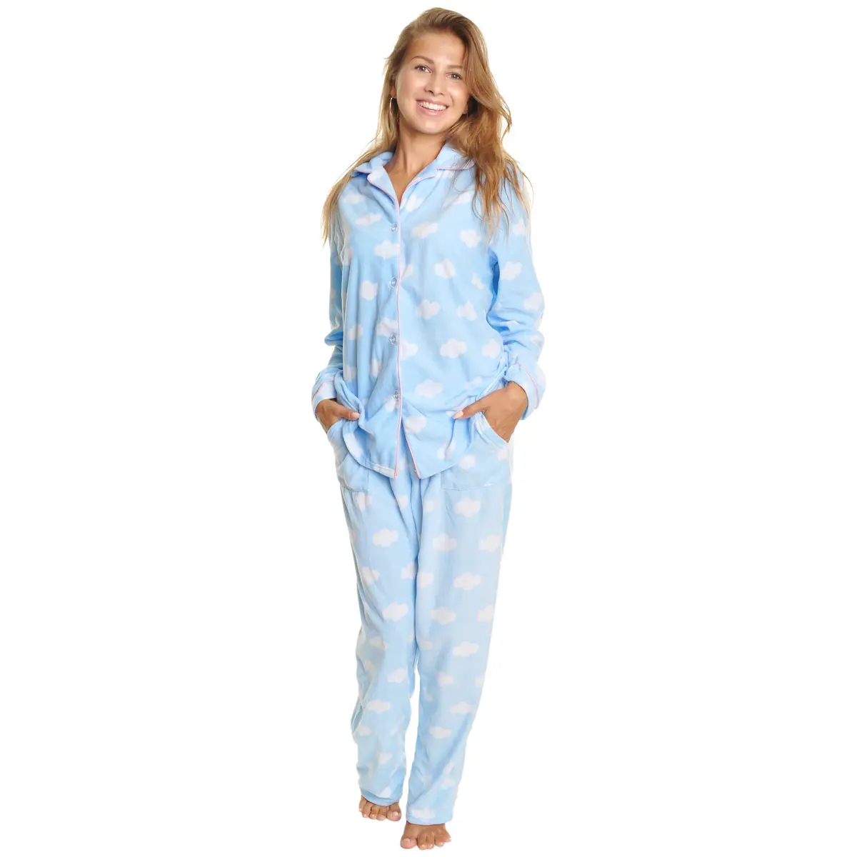Angelina Womens Pajama Set with Notch Collar and Pockets | Blue Clouds | Cozy Fleece - main product image