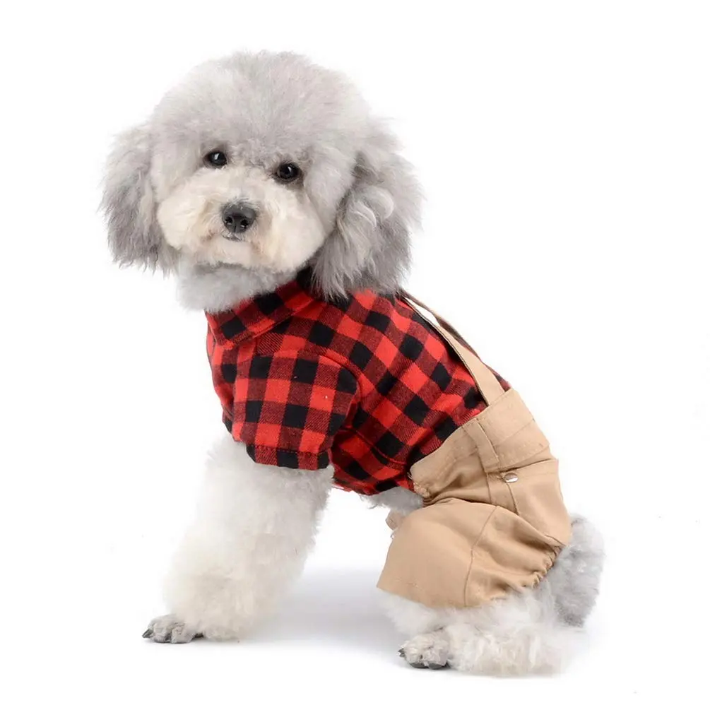 SMALLLEE_LUCKY_STORE Pet Clothes for Small Dog Cat XS | Red Plaid Shirt & Khaki Overalls with Snap Buttons - view 4