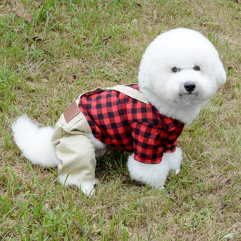SMALLLEE_LUCKY_STORE Pet Clothes for Small Dog Cat Red Plaid Shirts Sweater with Khaki Overalls Pants Jumpsuit Outfits S | Easy Snap & High Belly Cut - view 6