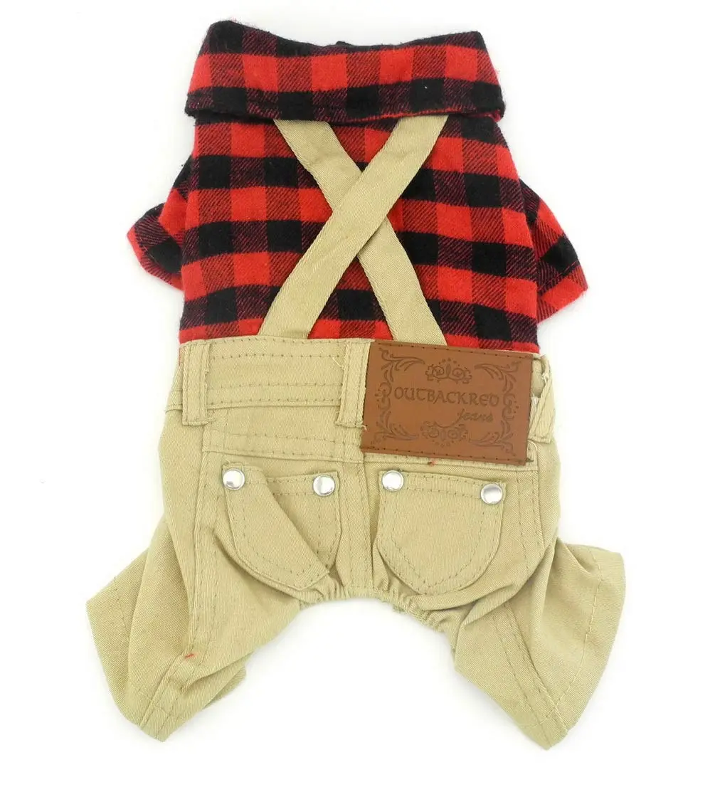 SMALLLEE_LUCKY_STORE Pet Clothes for Small Dog Cat Red Plaid Shirts Sweater with Khaki Overalls Pants Jumpsuit Outfits S | Easy Snap & High Belly Cut - main product image