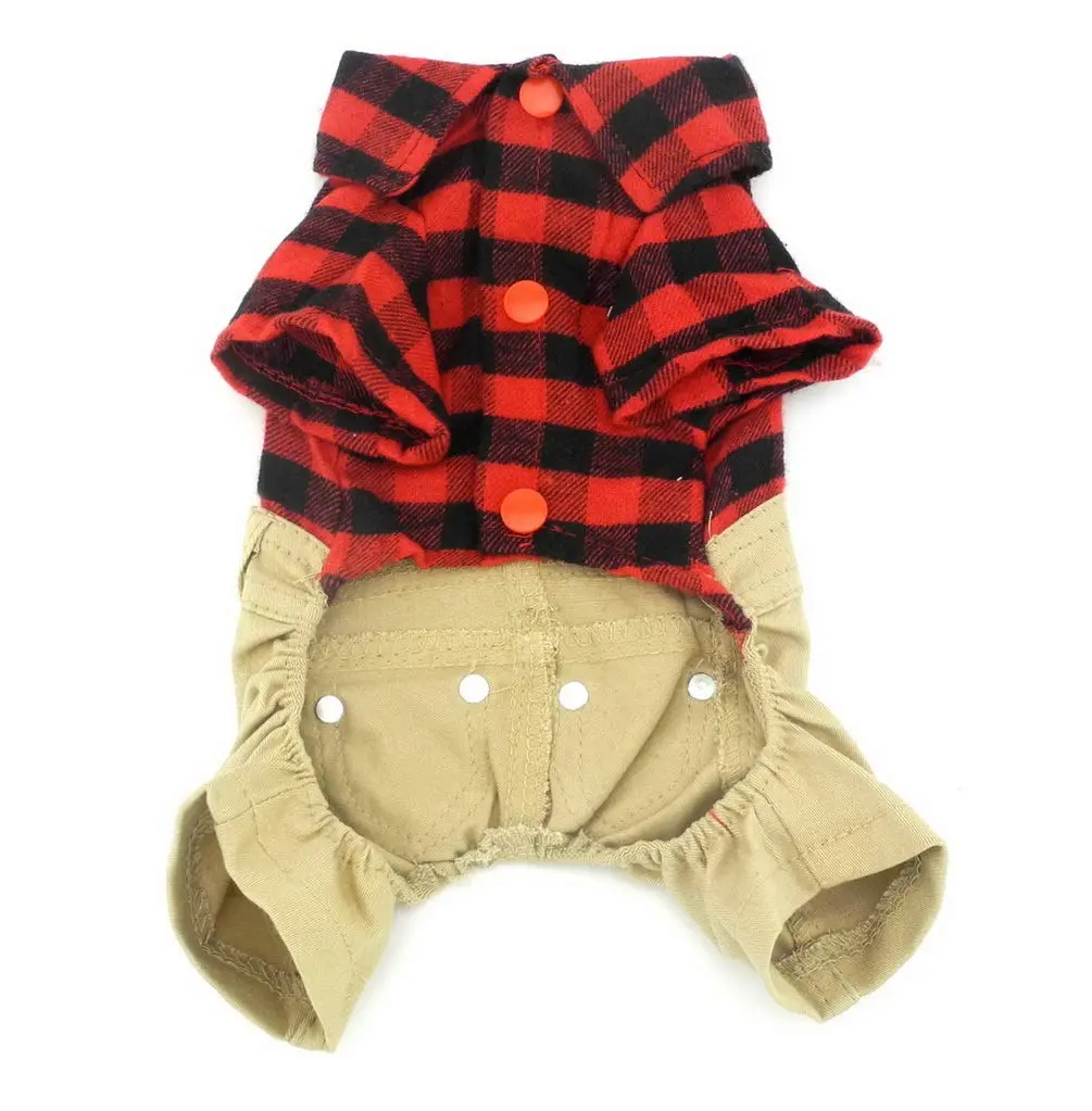 SMALLLEE_LUCKY_STORE Pet Clothes for Small Dog Cat Red Plaid Shirts Sweater with Khaki Overalls Pants Jumpsuit Outfits S | Easy Snap & High Belly Cut - view 2