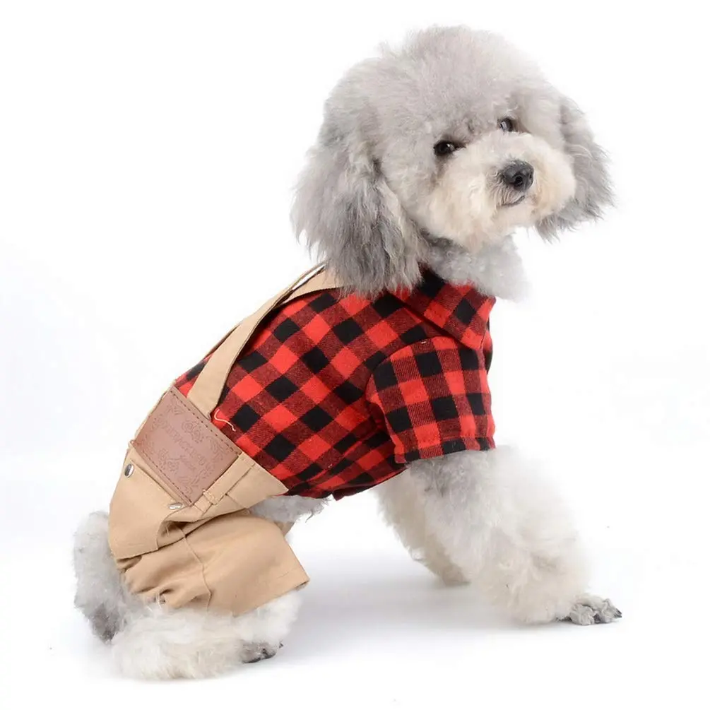 SMALLLEE_LUCKY_STORE Pet Clothes for Small Dog Cat Red Plaid Shirts Sweater with Khaki Overalls Pants Jumpsuit Outfits S | Easy Snap & High Belly Cut - view 3