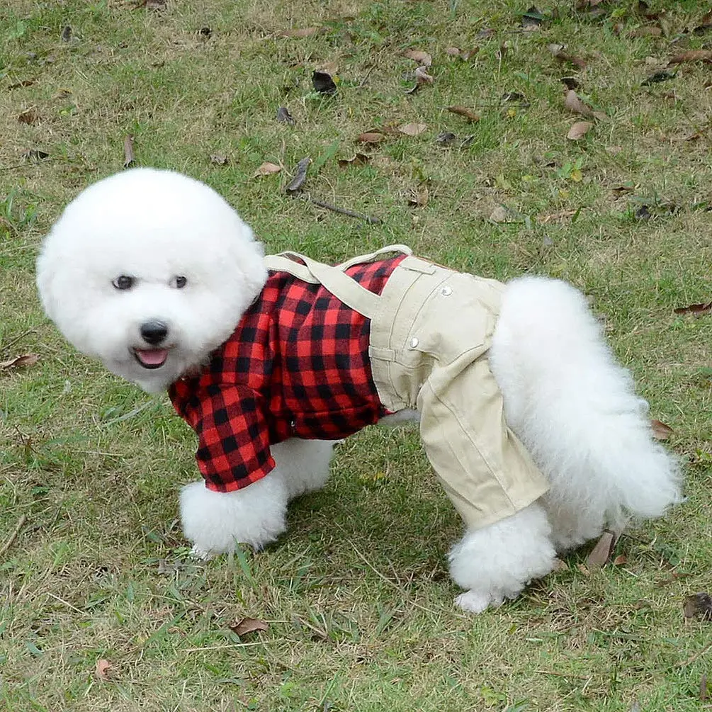 SMALLLEE_LUCKY_STORE Pet Clothes for Small Dog Cat Red Plaid Shirts Sweater with Khaki Overalls Pants Jumpsuit Outfits L | Easy Snap & High Belly Cut - view 5