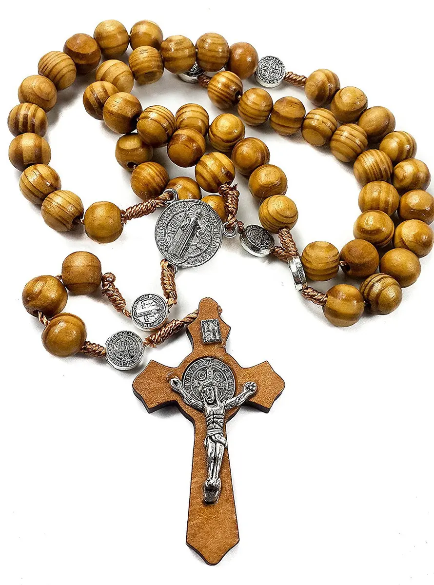 Nazareth Store Saint Benedict Rosary Necklace 20 inches | Olive Wood Beads & Silver Cross - main product image