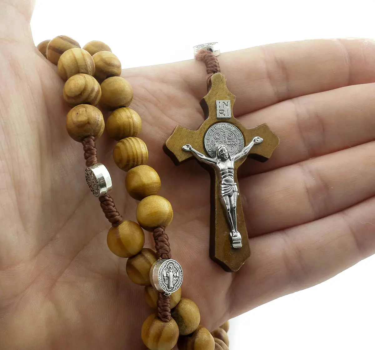 Nazareth Store Saint Benedict Rosary Necklace 20 inches | Olive Wood Beads & Silver Cross - view 5