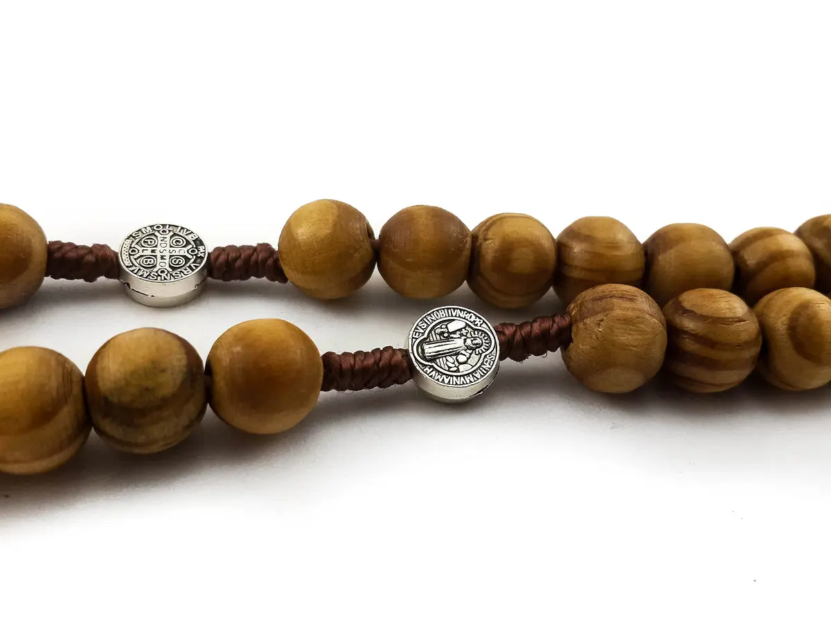 Nazareth Store Saint Benedict Rosary Necklace 20 inches | Olive Wood Beads & Silver Cross - view 6