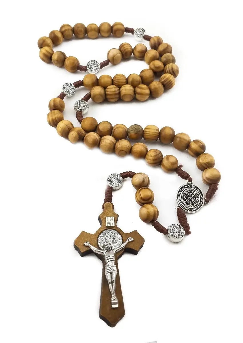 Nazareth Store Saint Benedict Rosary Necklace 20 inches | Olive Wood Beads & Silver Cross - view 7