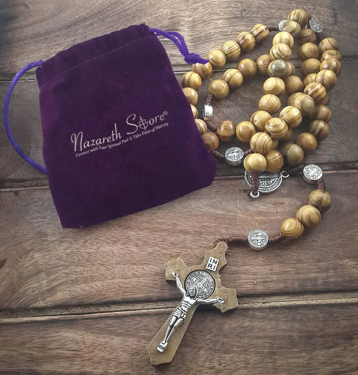 Nazareth Store Saint Benedict Rosary Necklace 20 inches | Olive Wood Beads & Silver Cross - view 2