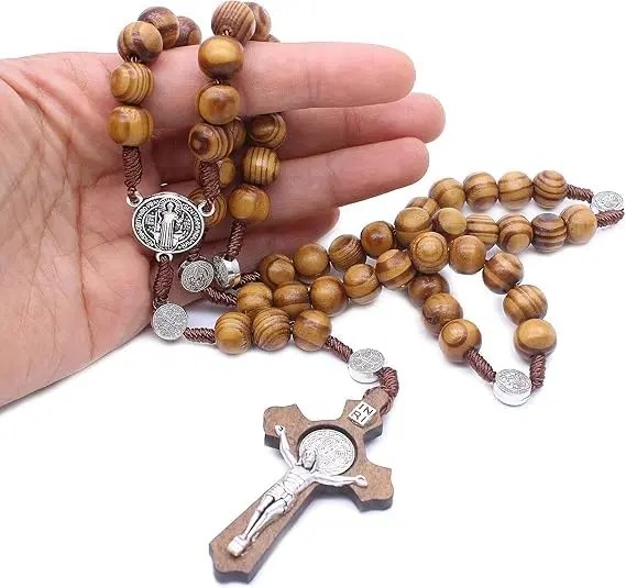 Nazareth Store Saint Benedict Rosary Necklace 20 inches | Olive Wood Beads & Silver Cross - view 3