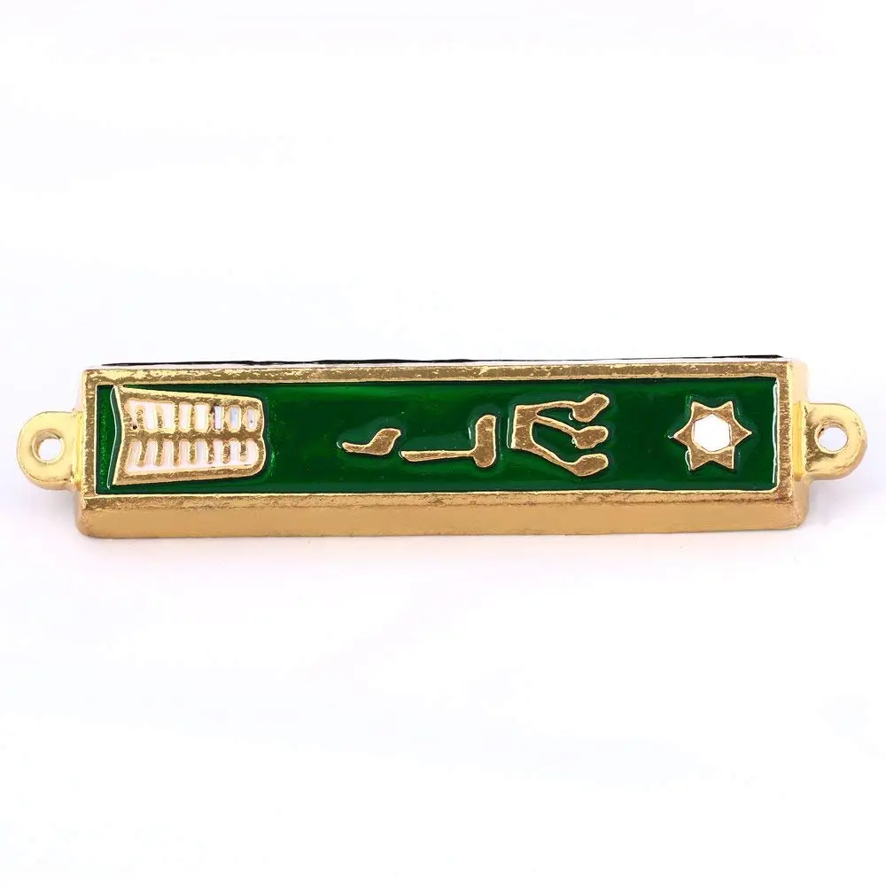 Holy Land Market Gold Plated 10 Commandments Mezuzah with Scroll Inside (Cavity in Back is About 3 Inches) (Green, Ten Commandments) | Sacred Jewish Home Decor - main product image