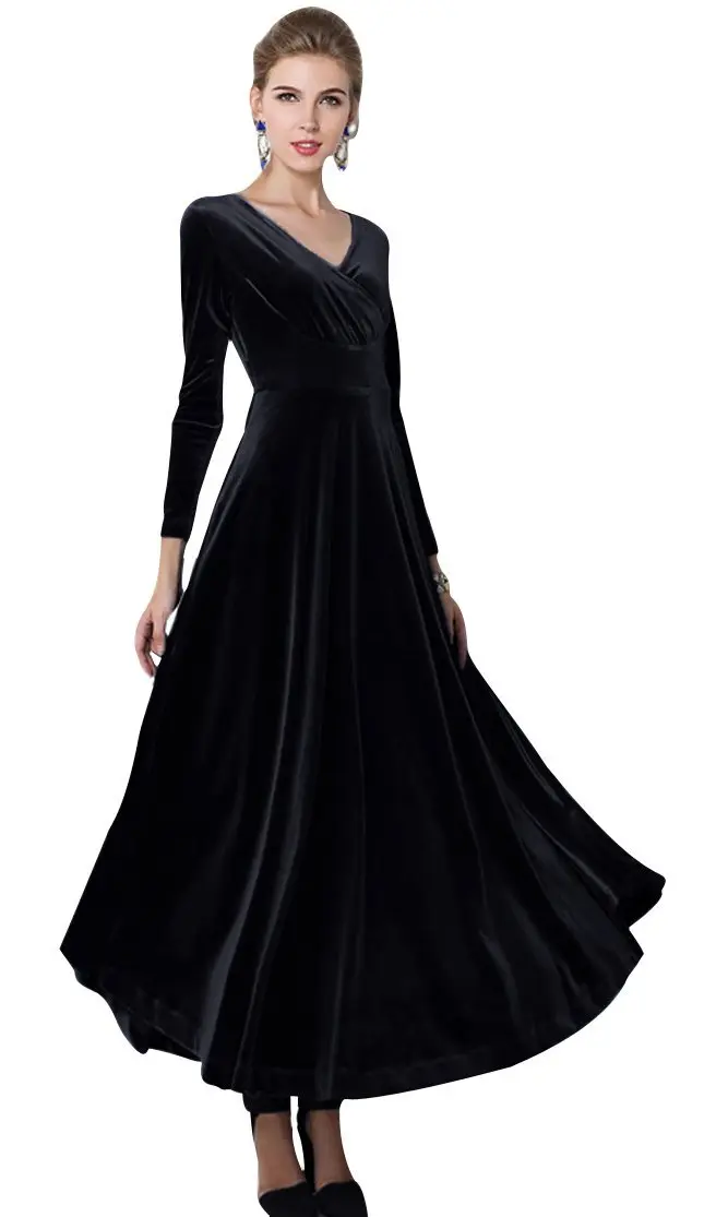 Urban CoCo Women Long Sleeve V-Neck Velvet Dress as1, Alpha, S, Regular, Black | Elegant, Breathable & Stretchy - main product image