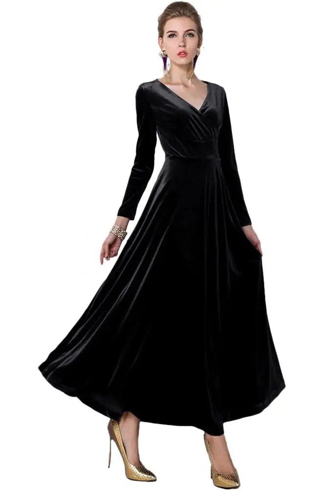 Urban CoCo Women Long Sleeve V-Neck Velvet Dress as1, Alpha, S, Regular, Black | Elegant, Breathable & Stretchy - view 2