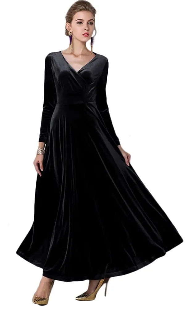 Urban CoCo Women Long Sleeve V-Neck Velvet Dress as1, Alpha, S, Regular, Black | Elegant, Breathable & Stretchy - view 4
