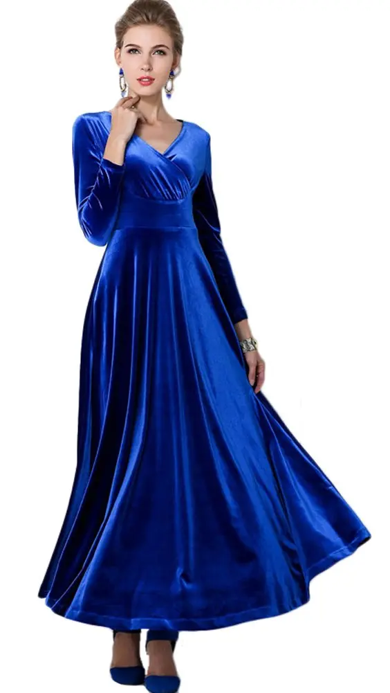 Urban CoCo Women Long Sleeve V-Neck Velvet Stretchy Long Dress (Medium, Royal Blue) | Elegant Winter Dress with Comfortable Fit - view 2